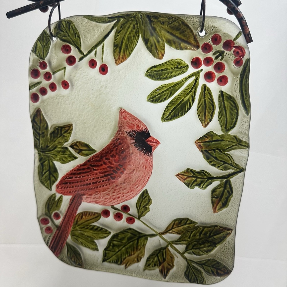 Red Cardinal Artisan Suncatcher Metal Decor Hanger 9" X 7" Holly Branch Glass - Picture 11 of 14